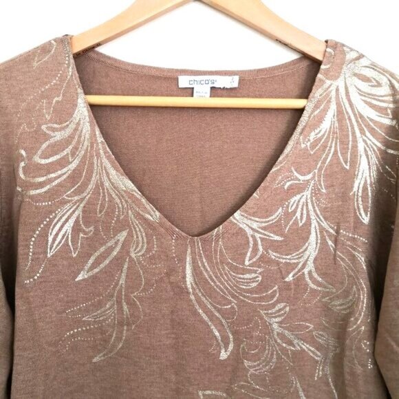 Chico's Foil Detail V-neck Pullover Sweater Size 2 (=L) - Picture 5 of 8